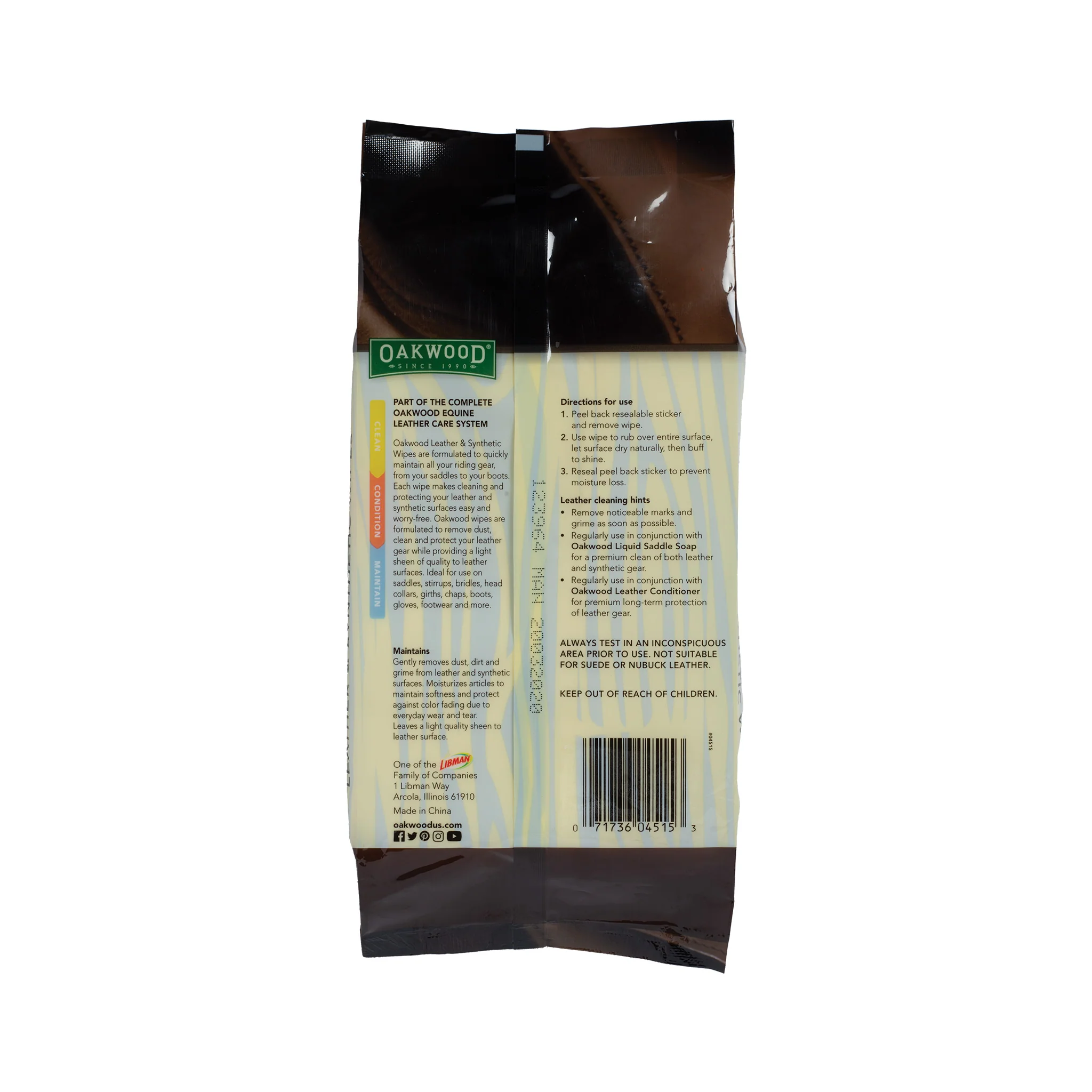 Oakwood® Leather Wipes, Leather Cleaning and Conditioning Wipes for Furniture, Upholstery, Purses and Leather Goods